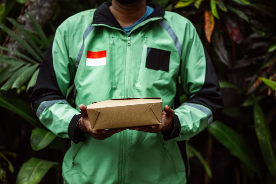 A delivery person wearing a green jacket with black sleeves, a red and white flag patch on the left chest and a black badge on the right, holds a rectangular cardboard box with folded corners. The bac