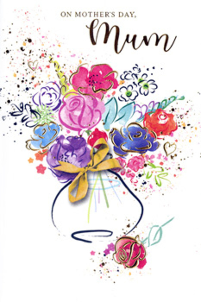 The Mother's Day card design presents an exuberant, hand-painted bouquet that feels alive with colour and sentiment, like a floral daydream inspired by the gardens surrounding Harmondsworth's leafy lanes. Lush petals in hot pink, fuchsia, and warm cerise are laid down in sweeping strokes, their edges softened by watercolour's natural flow. Indigo outlines and deeper violet shadows give depth to the blooms, suggesting layers of petals unfurling one by one. Between them, lighter apricot and blush tones flicker through, while hints of chartreuse and soft green peek out like freshly opened leaves. Fine accents of gold glide along selected contours, outlining petals and highlighting certain curves, as if capturing the unseen glow of a mother's embrace. The bouquet gathers gracefully into a whimsical vase at the base, its shape rounded and comforting, finished with the suggestion of a delicate golden bow that recalls the careful finishing touches a florist ties around a hand-tied bouquet. Surrounding the arrangement, spirited splashes, dots, and tiny heart shapes dance across the white card, creating a halo of movement and joy. The overall composition feels like a florist's sketch translated into paint: spontaneous yet deliberate, filled with gratitude and admiration. It evokes the feeling of offering a lovingly chosen bunch of flowers to Mum after a quiet stroll through Harmondsworth's village centre, turning the card into a keepsake that captures both the beauty of blossoms and the emotional warmth of the day.