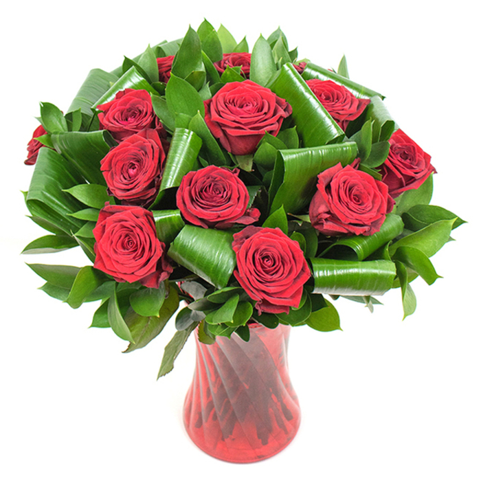 A sophisticated, hand-styled bouquet composed of roughly a dozen richly hued crimson roses is captured here with florist-level attention to form and texture. Each rose is in peak bloom, its velvety petals curling neatly from a concentrated heart into full, sumptuous heads that exhibit a deep, consistent scarlet. Interwoven between the flowers is a substantial amount of dark, glossy greenery-reminiscent of Salal or Ruscus-that builds volume and creates a deep verdant backdrop for the red blooms. Larger, glossy leaves resembling Aspidistra have been skillfully manipulated into elegant coils and spirals, their polished surfaces and architectural curves providing both support and visual punctuation among the roses. The stems sit in a tall, slender ruby-red glass vase with a subtle ribbed or twisted texture; that ribbing captures vertical highlights and echoes the roses' rich colouring, producing a harmonious vertical rhythm. Set against a clean white background with soft, even lighting, every petal edge and leaf fold is made distinct, inviting tactile imagining: the soft give of a petal, the firmer sheen of a curled leaf, the cool glass beneath. There is a quietly romantic scent implied by the composition-traditional rose perfume that suits anniversaries or Valentine's Day-but the design also reads as a contemporary statement piece for entertaining. As a local Harmondsworth florist I often source stems with this depth and freshness for nearby deliveries toward Sipson and Colnbrook, crafting arrangements that balance classic sentiment with modern structural flair.