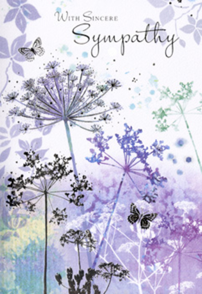 This sympathy card carries a tranquil, meditative beauty, reminiscent of standing in a quiet wildflower patch beyond Harmondsworth's old church on a soft, overcast day. Tall, spindly wildflowers with intricate, umbrella-like heads reach upwards, their stems drawn in fine, deliberate lines that recall botanical sketches. Each bloom is rendered in layers of violet, powder blue and gentle lilac, with touches of silvery green at the base, giving an impression of depth without heaviness. Behind them, the background dissolves into dreamy, blurred washes of purple and misty blue, echoing the look of distant fields veiled in morning dew. Two butterflies hover lightly over the wispy petals, painted with the same transparent delicacy, suggesting a quiet continuity of life even as we sit with loss. The lighting feels soft and diffuse-no harsh edges, just an even, soothing glow that invites a deep breath and a moment of reflection. The scene is carefully balanced: florals clustered yet airy, negative space left open so the eye can rest, much like finding a calm corner away from the traffic on nearby Bath Road. As a design, it speaks the language of flowers more than words, offering gentle companionship to anyone who receives it. This is the kind of thoughtful card someone in Harmondsworth might choose to send alongside a condolence bouquet, providing a peaceful image to hold onto when emotions are tender, and creating a quiet pause for remembrance and comfort.