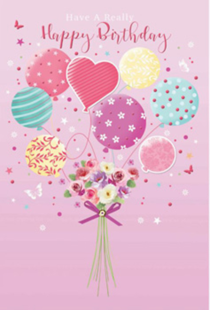 This birthday card artwork captures the gentle joy of a village celebration in Harmondsworth, as if it were inspired by a stroll past cottage gardens and tree-lined paths near Harmondsworth Moor. Set against a velvety pink backdrop, a buoyant cluster of pastel balloons rises from a hand-tied bouquet, creating a floating arrangement that feels both whimsical and carefully composed. Each balloon is distinct: some are brushed with swirling ribbons of colour, others are dotted with playful polka patterns, and a few are softly patterned with miniature flowers and stars, like confetti drifting through the air at a family gathering. The palette ranges from rosy fuchsia diffused into pale blush, to buttery yellow, sea-green, and lilac, all lit by a gentle, even glow that makes the colours appear soft yet radiant. Below, the bouquet itself feels intimate and detailed, with petite roses and daisy-like blossoms in shades of cream, blush, and delicate mauve clustering together as if they were freshly conditioned on a florist's bench. Their petals look velvety, some gently cupped and others opening wide, suggesting blooms at the perfect moment of readiness for a birthday surprise. A shimmering purple bow cinches the stems, the loops and trailing ends catching light in a way that hints at satin texture beneath your fingertips. Tiny butterflies and star shapes hover around the flowers and balloons, evoking daydreams and the flutter of excitement when a birthday delivery arrives at a front door in Harmondsworth. The design feels like a tender promise of happiness, thoughtfully composed with an expert eye for colour, balance, and joyful detail.