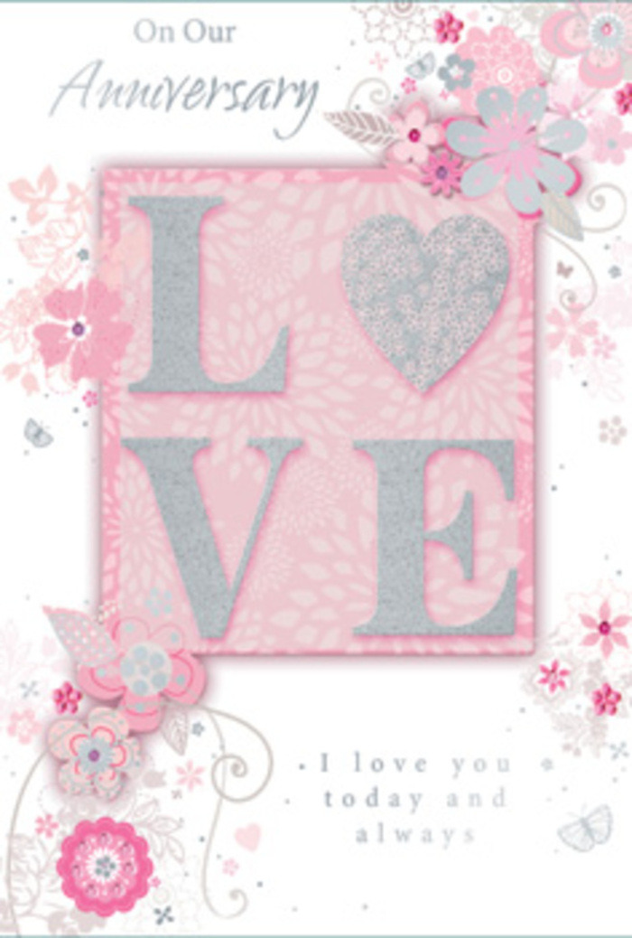 This romantic anniversary card opens like a calm, light-filled room, the kind you might find in a Harmondsworth home where love is honored in small daily gestures. Across the centre, the word LOVE is stamped in softly raised letters, dusted with a frosted, fine glitter that catches the light in a playful yet tasteful way, much like morning sun glinting on dew in nearby gardens. Around this central motif, wispy, hand-drawn flowers drift along the borders, their petals shaded in blush pinks, gentle lilacs, and creamy ivory. The blooms are slender and stylized rather than bold, suggesting the delicate outlines a florist might sketch before choosing stems for a bespoke anniversary bouquet. Fine filigree lines weave between the blossoms, forming tiny leaves and graceful flourishes that curl like ivy along a Harmondsworth brick wall. Here and there, almost-hidden butterflies seem to hover among the petals, their wings hinted at with light strokes and a touch of soft shimmer, evoking the flutter of hearts on an anniversary evening. Set within this dreamy floral frame, the message I love you today and always appears in a calm, understated typeface, as if spoken quietly rather than proclaimed. The typography is balanced and clear, allowing the sentiment to breathe amidst the artwork. The entire card feels like a hand-tied bouquet translated into paper-a gentle, fragrant impression rather than a loud statement-perfect to accompany fresh anniversary blooms from Flower Delivery Harmondsworth for couples celebrating another year of life together near the village green or along Harmondsworth Road.