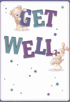 Across a clean and luminous background, this delightful get well card offers a small narrative of friendship and healing, made all the more special by its connection to Harmondsworth's friendly community atmosphere. The scene centers on two charming illustrated characters: a plush teddy bear, whose uncertain but hopeful eyes peer from above the word 'GET,' and a lively floppy-eared puppy, nestling trustingly below 'WELL.' Their rounded forms and inviting shapes communicate affection and reassurance, much like the comforting presence found along the green spaces of St. Mary's Church yard. Scattered between them, star motifs shimmer in indigo and teal, their varying sizes and intensities recalling the gentle surprises of a starlit sky seen over Harmondsworth's meadows. The robust lettering, hand-painted in bold strokes, enlivens the card with a sense of immediacy-turning a well-wish into a lively declaration. Textured fur, velvety puppy ears, and the delicate interplay of highlighted brushstrokes bring a tactile dimension, so vivid one can almost feel the comfort within. This card echoes the nurturing intent behind every thoughtfully prepared bouquet at Flower Delivery Harmondsworth-every detail meant to brighten recovery, radiate gentle optimism, and help a loved one in the area feel truly supported.