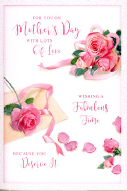 This Mother's Day card design presents a tender floral scene that could easily have been arranged on a workbench in a Harmondsworth florist's studio. Across its soft white background, a scattering of blush and rose-pink blooms anchors the composition, each rose rendered with lifelike detail: layered petals, rounded edges, and slightly ruffled centres that suggest fullness and fragrance. The main group of roses rests toward one side, like a small bouquet laid down for a moment while someone writes their message, while a few individual blossoms and petals drift outward, giving the impression of motion and relaxed elegance. Between the roses, glimpses of soft green foliage peek through, subtle yet essential, much like the foliage a florist tucks in to frame a bouquet destined for homes along Sipson Lane or around the village green. A narrow pastel ribbon weaves gently around the blooms, its sheen catching the light in a way that hints at real satin or organza, the sort of ribbon used to finish a Mother's Day arrangement ready for same-day delivery. Flowing calligraphy carries a loving sentiment across the card, the letters looping and dipping with a handwritten charm that mirrors the curves of the petals. The lighting is warm and understated, casting delicate shadows that give depth without overpowering the soft palette. Altogether, the card feels like a quiet, heartfelt tribute to a mother's care-romantic, calm, and personal, as if paired with a simple vase of pink roses placed on a sideboard after a Sunday family lunch.
