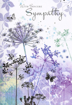 The sympathy card presents a gentle, nature-inspired illustration that feels as peaceful as an early stroll through the fields on the edge of Harmondsworth. Fine, wispy flower heads crown tall stems, each umbel painted in soft violets, dusky blues and pale lavender that fade delicately into a background of muted purple and grey-green washes. The flowers rise from a softly blurred base, as though emerging from morning mist, giving the impression of distance and depth without a single sharp line. Transparent butterflies flit among the filigree blooms, their wings barely defined, like fleeting reflections caught in a calm pond near Harmondsworth Moor. The watercolour technique creates a velvety softness; you can almost imagine the cool touch of the petals and the gentle swish of stems in the breeze. Light seems to filter from above, neither day nor night, just a hushed, timeless glow that encourages stillness and quiet thought. The palette of cool tones-lavender, indigo, and soft blue-wraps the scene in a cocoon of calm. This is the sort of card a caring florist might recommend when you visit from nearby Heathrow villages, searching for a tender way to show sympathy without overwhelming the recipient. The artwork suggests understanding, compassion, and the slow, natural healing that comes with time, like seasons changing along Harmondsworth's leafy lanes. Subtle, sincere and respectfully understated, it holds space for grief while offering a gentle reminder that beauty and love remain.