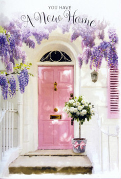 This image captures a gentle Harmondsworth doorway scene where architecture, flowers, and light all conspire to say "welcome home" without a single word. A blush-pink front door, carefully painted so that the grain of the wood still peeks through, stands at the centre, framed by softly weathered white walls and a single matching shutter, angled as though just opened to the day. Draped from above is a generous canopy of wisteria, its lavender-purple blooms tumbling down in fragrant clusters that brush against the doorframe like a curtain at the edge of a stage. The blossoms feel full and powdery, each raceme made up of tiny petals that would release their perfume with the lightest touch, reminiscent of the wisteria you might see climbing over a cottage near the edge of the Colne Valley. Resting on the threshold is a rounded tin bucket in muted grey, chosen by a skilled local florist to let the flowers be the focus. Inside, an abundant arrangement of white and cream roses rises in a soft dome, every bloom open-faced and generous, nested among airy tendrils of green foliage that introduce movement and texture. At the base of the bucket, a pink ribbon in satin or grosgrain is wrapped and tied with care, mirroring the tone of the front door so the entire entrance feels harmoniously curated. Dappled sunshine slips through the wisteria vines, scattering pale shadows across the step and petals, creating an atmosphere of tenderness and promise. The whole composition feels like a housewarming moment in Harmondsworth caught mid-breath: full of congratulations, anticipation, and the quiet reassurance that the flowers will be the first to greet whoever crosses that threshold.