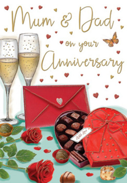 This elegant anniversary card illustration unfolds like a little still life of love, drawn with the same care a Harmondsworth florist gives to a bespoke bouquet for Mum and Dad. Dominating the scene are two slender champagne flutes, placed close together on a softly lit surface, filled with pale, golden bubbly. Tiny beads of fizz seem to rise in unison, capturing the feeling of a shared toast in a quiet home off Hatch Lane. In front of the glasses rests a luxurious heart-shaped box of chocolates, its lid eased open to show perfectly arranged sweets. A wide red satin bow wraps the box, the ribbon tails curling gracefully, adding a sense of indulgence and theatre.

Beside the chocolates lie two rich red roses, their petals full, velvety, and gently ruffled at the edges, as if they have just been set down from a hand-tied anniversary bouquet. The deep crimson blooms are framed by glossy green foliage, creating a lush contrast that feels both romantic and timeless, much like evening strolls around Harmondsworth's leafy lanes. Scattered across the cream and soft-gold background float tiny hearts in shades of crimson and metallic gold, circling hand-lettered wording dedicated to loving parents. Near the foreground, a scarlet envelope, neat and inviting, rests slightly angled, suggesting an enclosed message of gratitude and affection.

The composition glows with warmth and quiet sophistication, blending floral richness, sweet treats, and the sparkle of champagne into one harmonious image. It evokes the soft murmur of shared memories at the table, the gentle clink of glasses, and the reassuring sense that this anniversary, like so many before it, is another chapter in a long, deeply rooted love story in Harmondsworth.