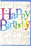 This birthday card radiates the spirit of a joyful celebration, the sort you might host in a cosy Harmondsworth garden as the sun dips low and fairy lights begin to glow. The central focus is the phrase Happy Birthday, presented in large, bold letters that stretch confidently across the card, each one individually coloured in a rich, seamless gradient. From left to right, the letters flow through a sequence of saturated shades: wine-red to tangerine, honey-yellow to apple-green, then into teal, sapphire, and jewel-toned purple. The colour transitions are blended with a soft, airbrushed effect, giving the text a velvety, almost touchable look, as though painted by hand with great care. Surrounding the words, tiny starbursts and confetti-like dots in bright colours and hints of metallic shimmer punctuate the background, capturing the feeling of scattered party decorations or sparklers held aloft on a mild evening near Harmondsworth village green. Beneath this lively foreground lies a calm, creamy base, over which elegant golden script repeatedly spells out Happy Birthday to you in flowing, cursive lines. The script is fine and rhythmical, drifting in horizontal rows that weave together like a softly sung refrain. Under natural light from a nearby window, the metallic ink glints delicately, adding sophistication without competing with the vibrant main lettering. The interplay of energetic colour and refined gold detailing creates a design that feels both playful and grown-up, perfect for celebrating a cherished friend or family member. It's just the kind of card we might pair with a bright seasonal bouquet for delivery across Harmondsworth, ensuring the sentiment feels as vivid and memorable as the flowers themselves.