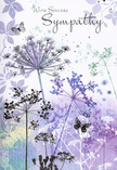 This sympathy card unfolds like a gentle visual poem, its artwork evoking the stillness of a twilight meadow just beyond the houses of Harmondsworth. Airy silhouettes of wildflowers, each with fine, umbrella-shaped heads, stretch upward in graceful arcs. They are painted in layered shades of lavender, indigo and soft blue, touched with hints of cool green at their bases, so the colours appear to float and blend rather than sit sharply on the page. The slender stems are drawn with delicate precision, then softened by translucent washes that drift across the background. Pale petals and faint impressions of foliage hover behind the main blooms, adding a dreamlike depth, as though you are looking through a gentle haze. Around the flowers, a few butterflies pause in mid-flight, their wings softly tinted and almost see-through, alluding to transformation and the tender presence of those we miss. The whole scene is bathed in a cool yet comforting light, the kind you might feel as evening settles quietly over the fields near Sipson Lane. Subtle gradients of violet and blue guide the eye upward to a simple sympathy message, written in an elegant script that matches the card's quiet dignity. Created with the same care a local Harmondsworth florist brings to a condolence bouquet, this design offers a respectful, nature-filled embrace. It does not shout its sentiment; instead, it wraps grief in softness, providing a calm image to accompany heartfelt words when comforting family, friends or neighbours in times of loss.