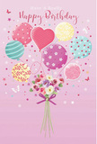 A softly romantic birthday scene unfolds in this illustrated card, reminiscent of a cheerful Harmondsworth home filled with flowers and laughter. The background is a warm, powdery pink, providing a gentle stage for a floating bouquet of balloons that seems to carry a cluster of fresh blooms upwards in celebration. Each balloon has a unique personality: some spiral with candy-coloured stripes, others are sprinkled with delicate dots, and one heart-shaped balloon glows at the centre, radiating affection. Their hues-pastel pink, mint, lemon, lilac, and a hint of sky blue-blend together like an evening sky over the village rooftops. Nestled at the base is a compact hand-tied bouquet of roses and anemone-style flowers, their petals layered in creamy ivory, blush, and muted mauve, with soft shading that suggests natural light catching each curve. The flowers cluster closely, suggesting fullness and freshness, as if just prepared by a careful local florist for a birthday delivery nearby. A violet satin bow gathers the stems, the ribbon's gentle sheen mirrored in the subtle highlights on the balloons above. Tiny stars and fluttering butterfly motifs drift through the scene, adding a touch of fairy-tale magic that feels perfect for marking another year of life. The overall impression is airy, sweet, and quietly joyful, like stepping into a living room where a birthday surprise has just been arranged on the table-a scene that could easily take place in a Harmondsworth cottage, making the recipient feel cherished, remembered, and thoroughly celebrated.