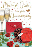 This anniversary card illustration presents a richly detailed scene that feels like an intimate family celebration, the kind many couples in Harmondsworth would recognise at their own table. Two elegant champagne flutes stand together at the centre, their slim stems and curved bowls catching soft, golden light. Inside the glasses, streams of tiny bubbles rise through pale fizz, evoking the moment just before a toast is shared. Directly in front is a heart-shaped box of chocolates, deep red and glossy, wrapped in a lush scarlet bow. The lid is opened to reveal a tidy array of truffles, each piece distinct and inviting, hinting at shared indulgence after a home-cooked anniversary meal.

Resting alongside are two sumptuous red roses, placed on the tabletop with careful ease, as though a local florist has just set them down after arranging an anniversary bouquet. Their petals are velvety and richly layered, the crimson tones intense against their backdrop of smooth green leaves. Tiny hearts in shades of ruby and metallic gold drift around the composition, dancing across a cream and soft-gold background. They frame hand-lettered words dedicated lovingly to Mum & Dad, capturing the card's focus on enduring partnership and parental love.

A bright red envelope, neatly sealed, lies nearby at a slight angle, suggesting a heartfelt message waiting to be opened in a cosy Harmondsworth sitting room. The overall atmosphere is warm and romantic, with gentle highlights glinting off the glass and soft shadows adding depth to the roses and ribbon. It is a scene that celebrates the quiet rituals of an anniversary: the clink of glasses, the sharing of chocolates, and the unspoken gratitude that comes with years spent side by side.